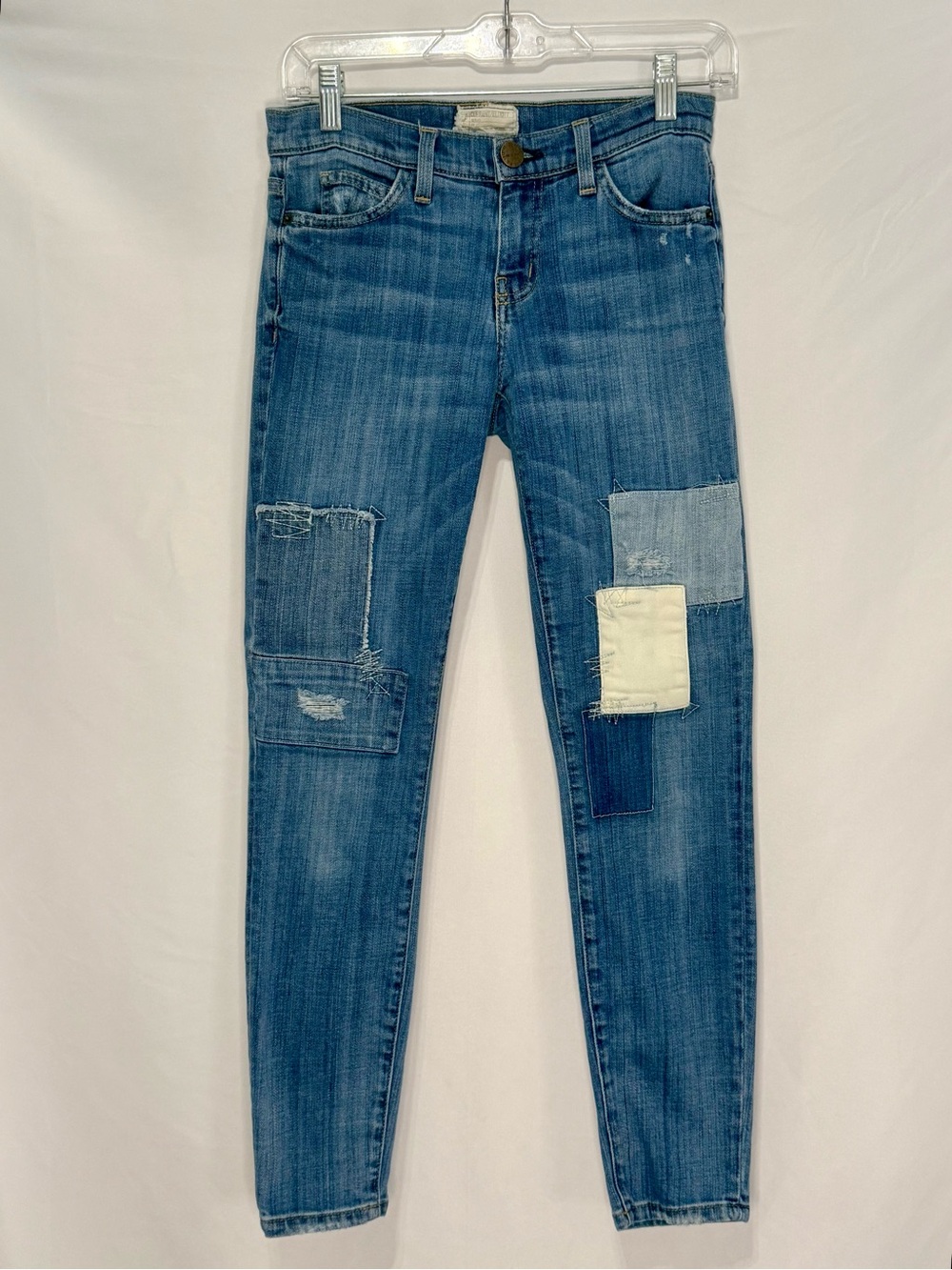 Current/Elliott Blue Patchwork Skinny Jeans with Cream Accents